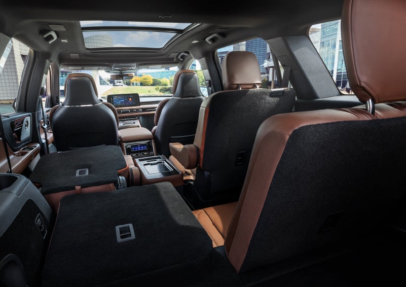 The interior of the 2025 Lincoln Aviator® SUV is shown with two seats folded down for added space. | Libertyville Lincoln Sales, Inc. in Libertyville IL