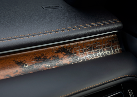 A close-up shot of the 2025 Lincoln Aviator® dashboard with unique black and brown accents, and brown stitching. | Libertyville Lincoln Sales, Inc. in Libertyville IL